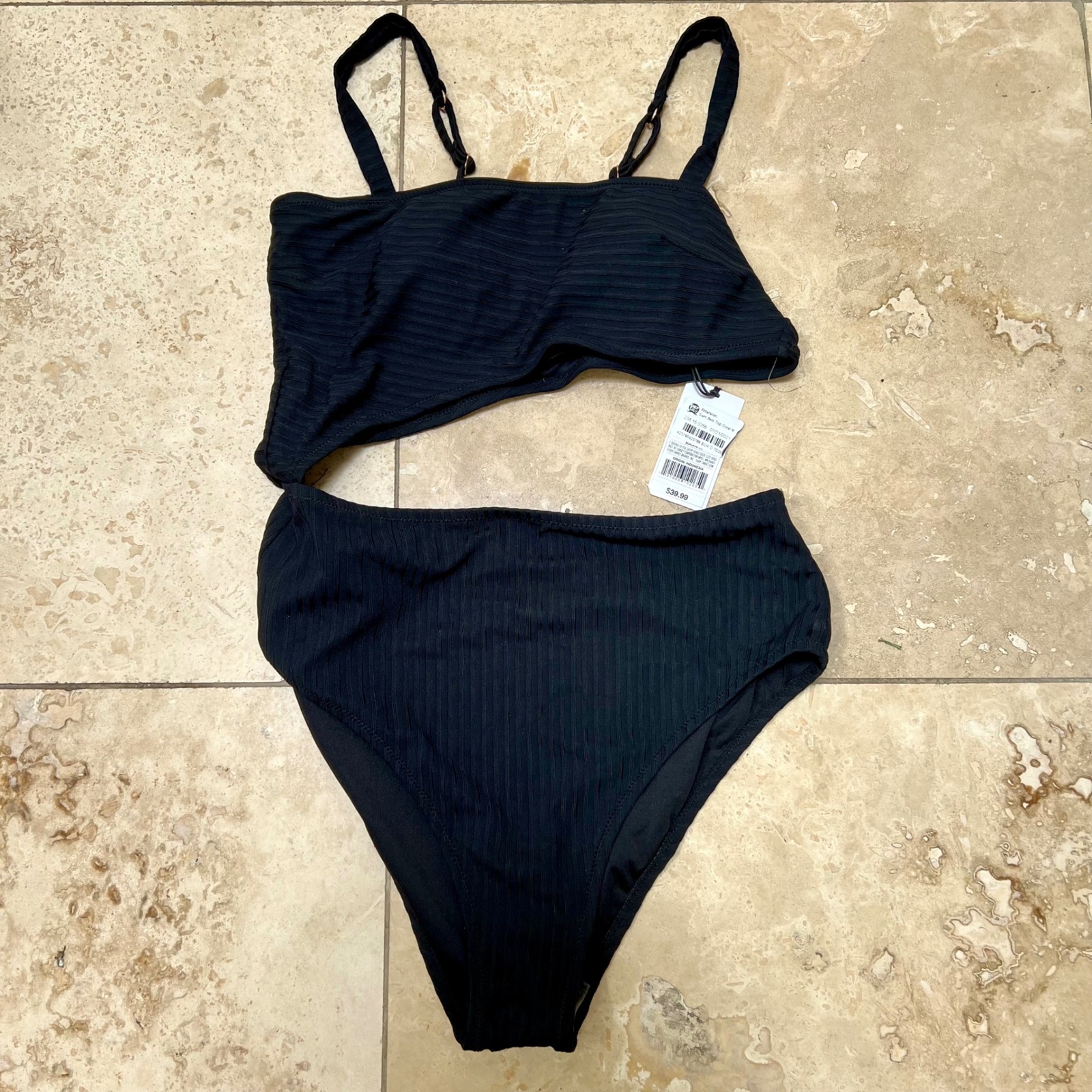 Shade & Shore Black Ribbed Cutout One Piece French Bikini Swimsuit Medium Nwt — image 2 of 6